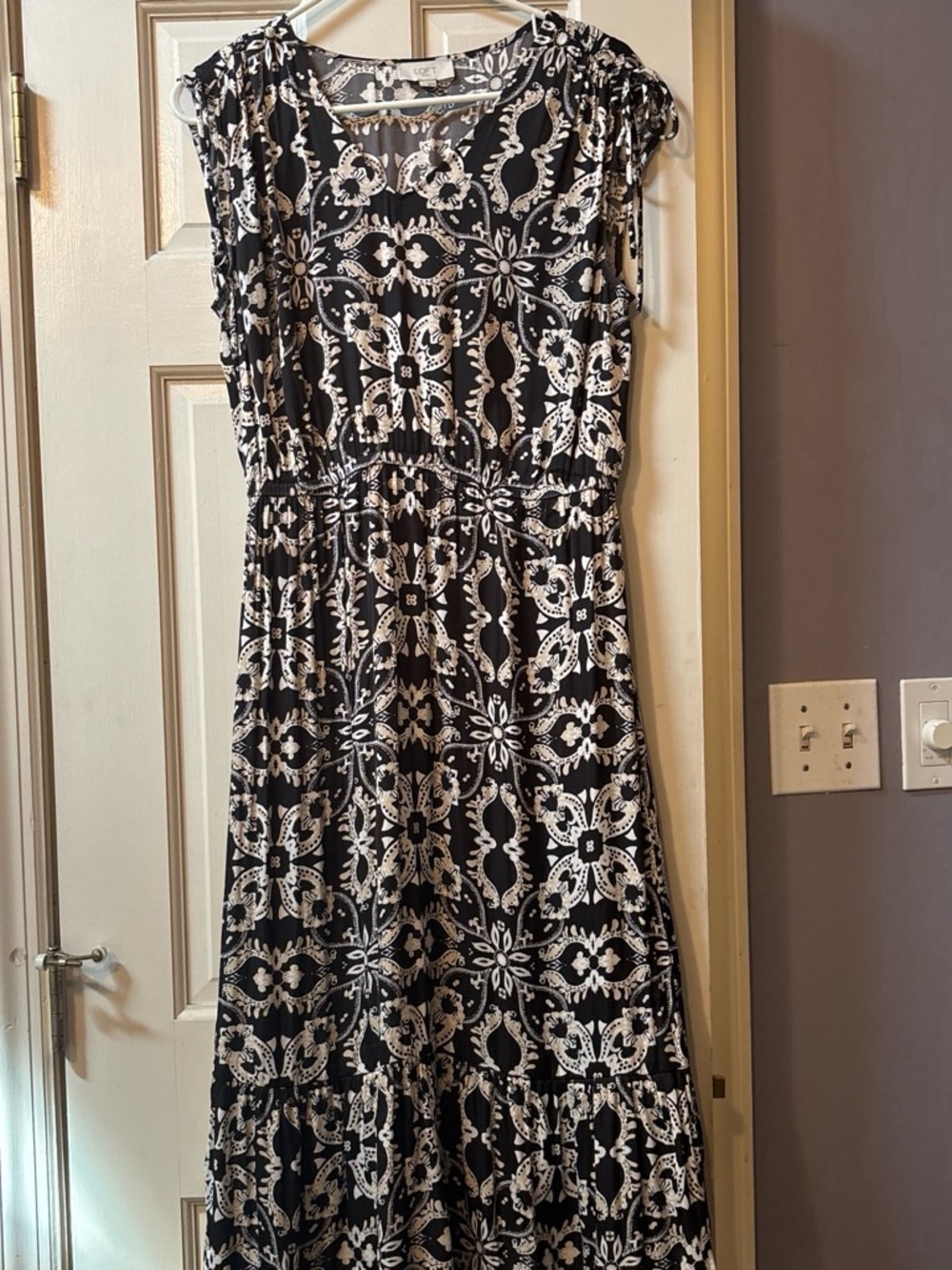 LOFT Black and White Printed Maxi Dress with Gathered Waist